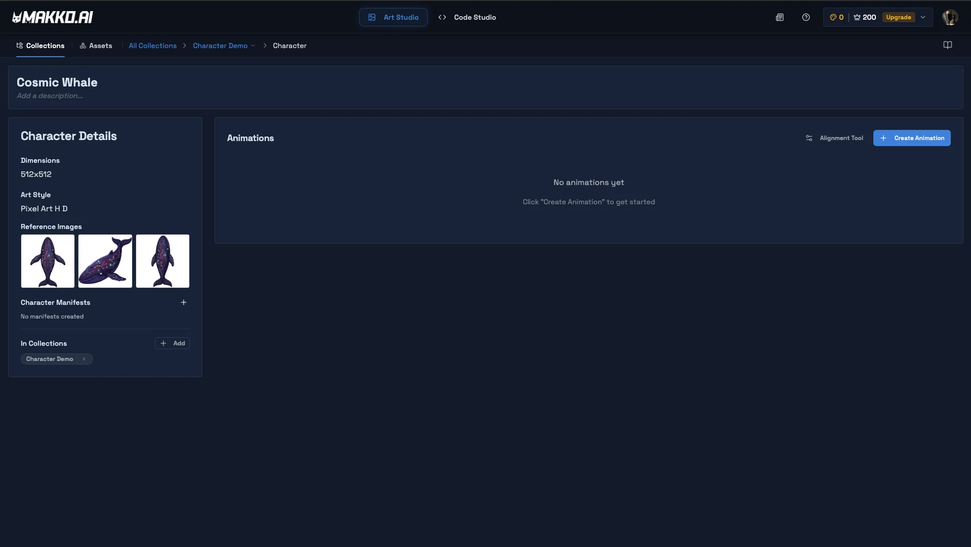Character detail page with Create Animation button