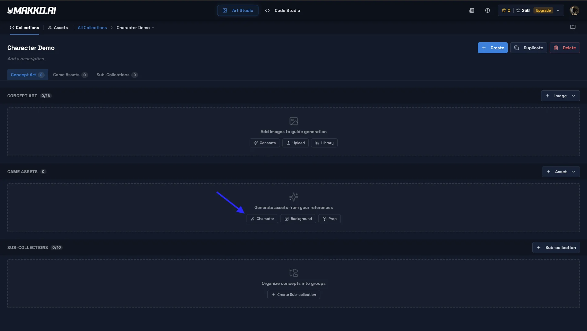 Collection with Game Assets section showing the Character button