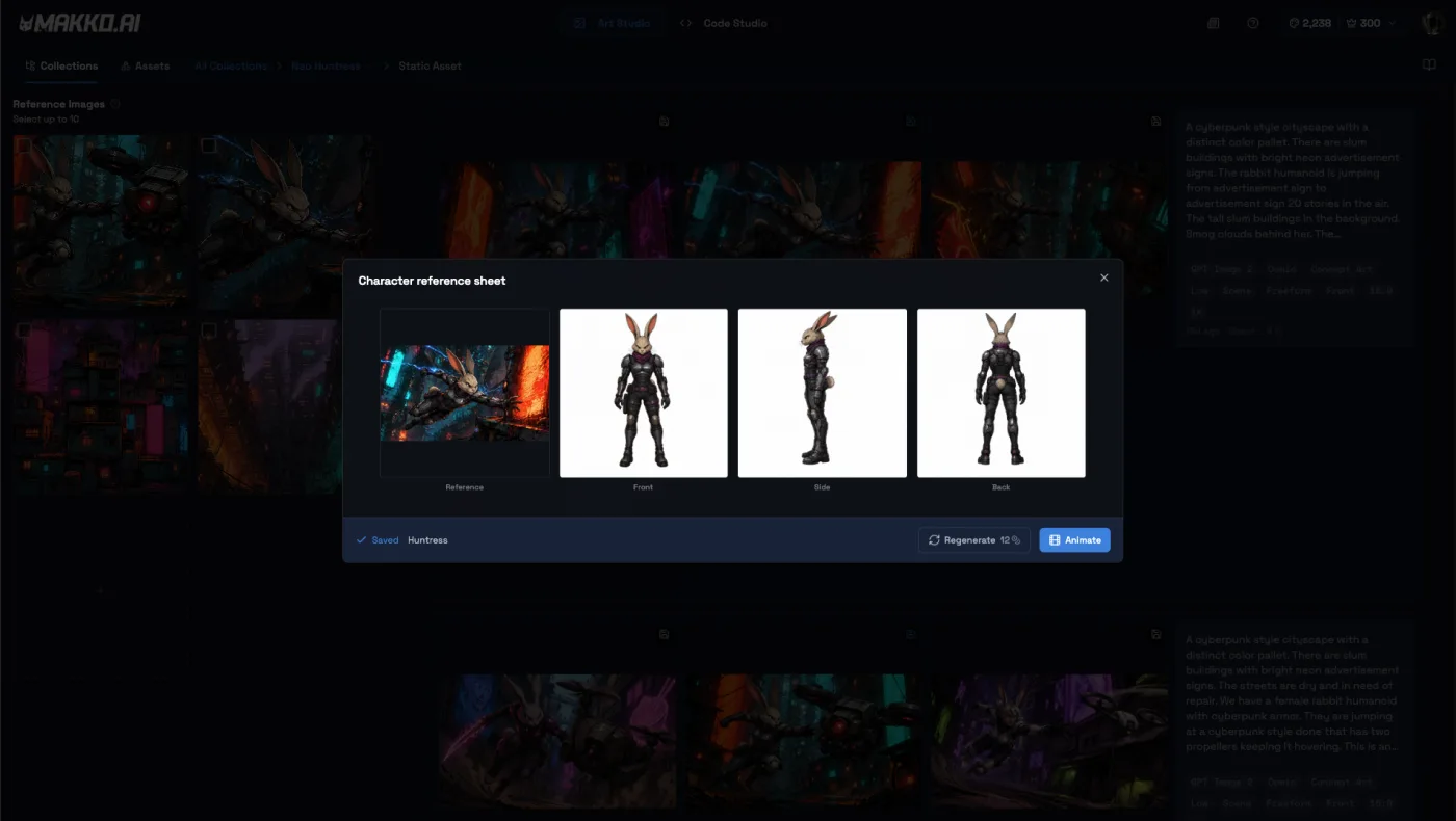 Character reference sheet modal with the original concept image as the reference and Front, Side, and Back views generated from it