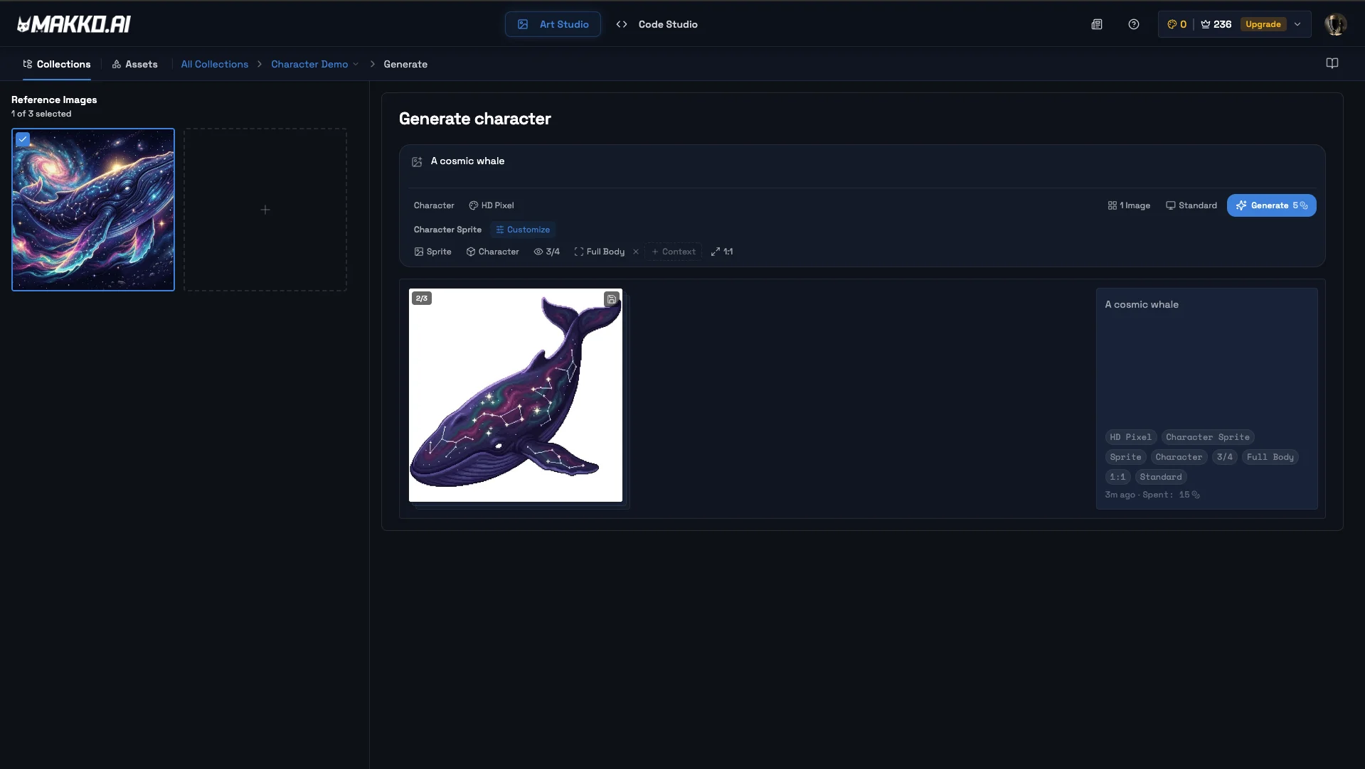 Generated character sprite with details panel