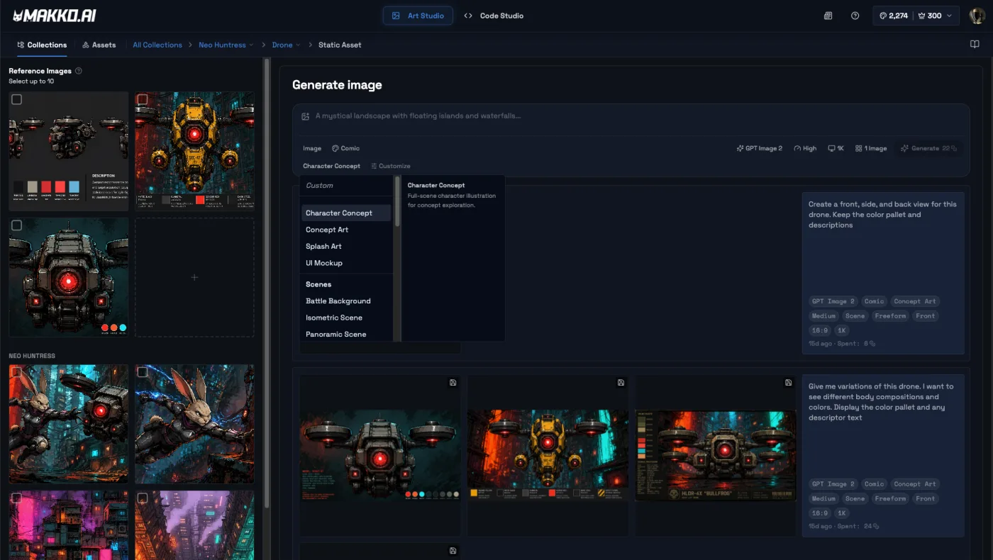 Generation Workspace with the preset dropdown open showing Character Concept at the top of the list