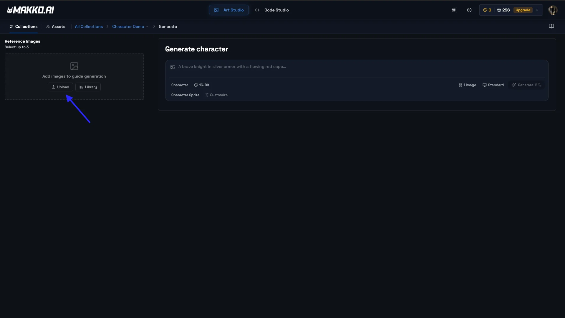 Generate character page with reference image upload and prompt field