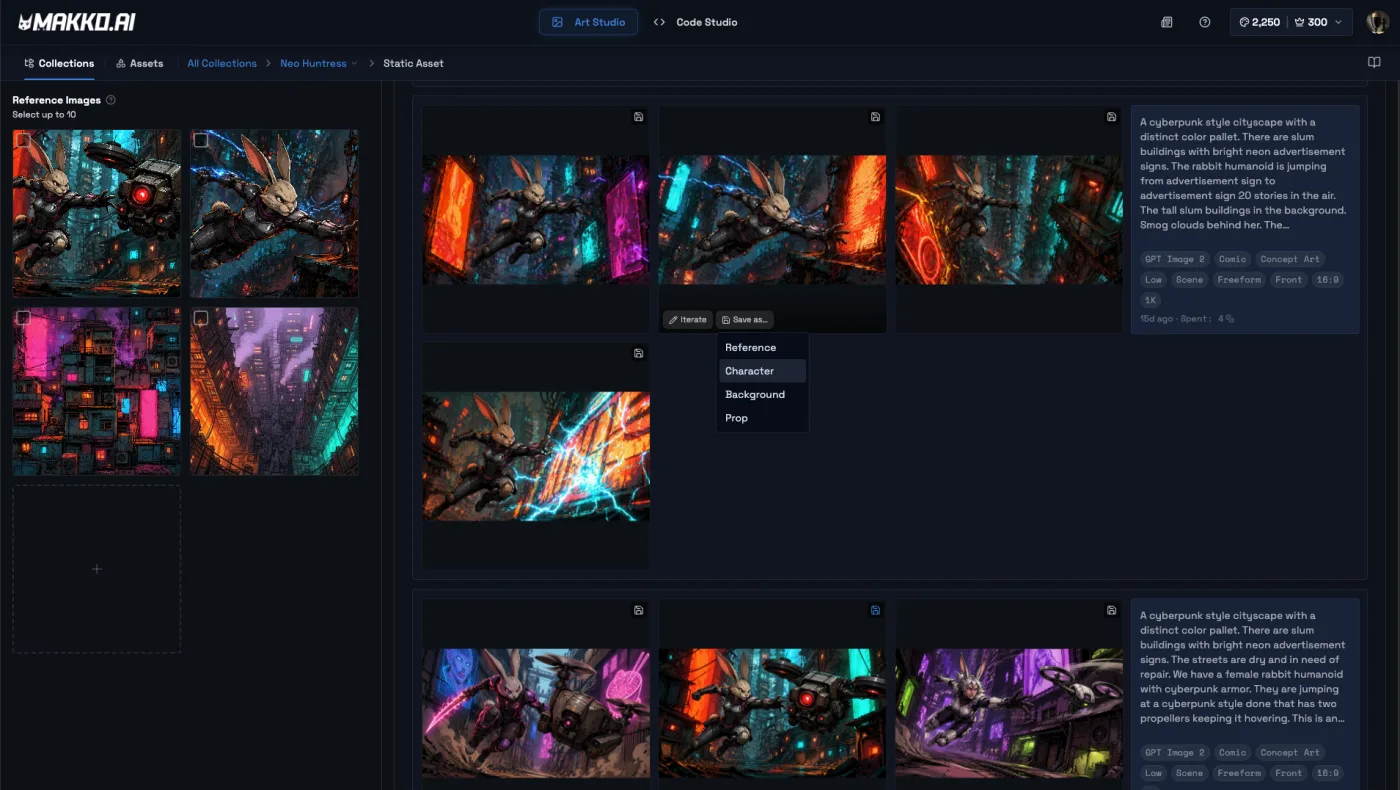 Save as… dropdown on a generated image showing Reference, Character, Background, and Prop options